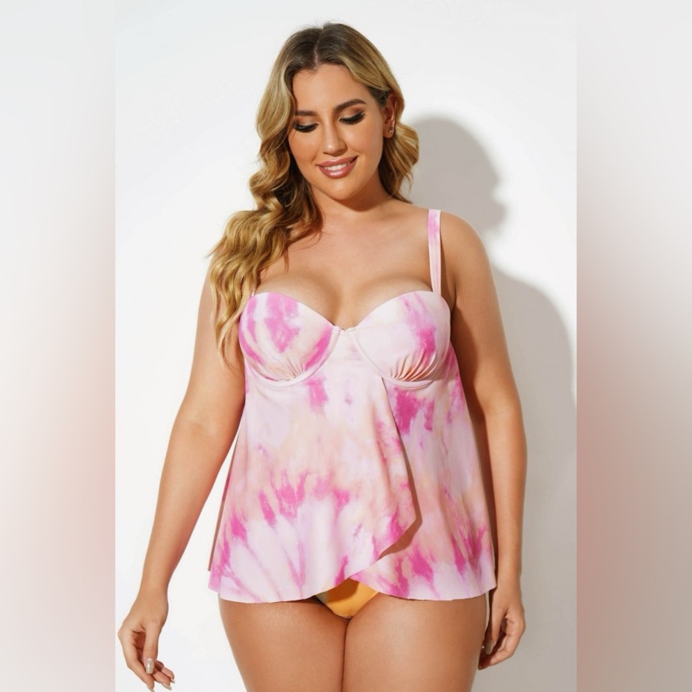 Meet.Curve Pink Tie dye tankini top, pink, white, peach.  Size 2x, NEW with tags